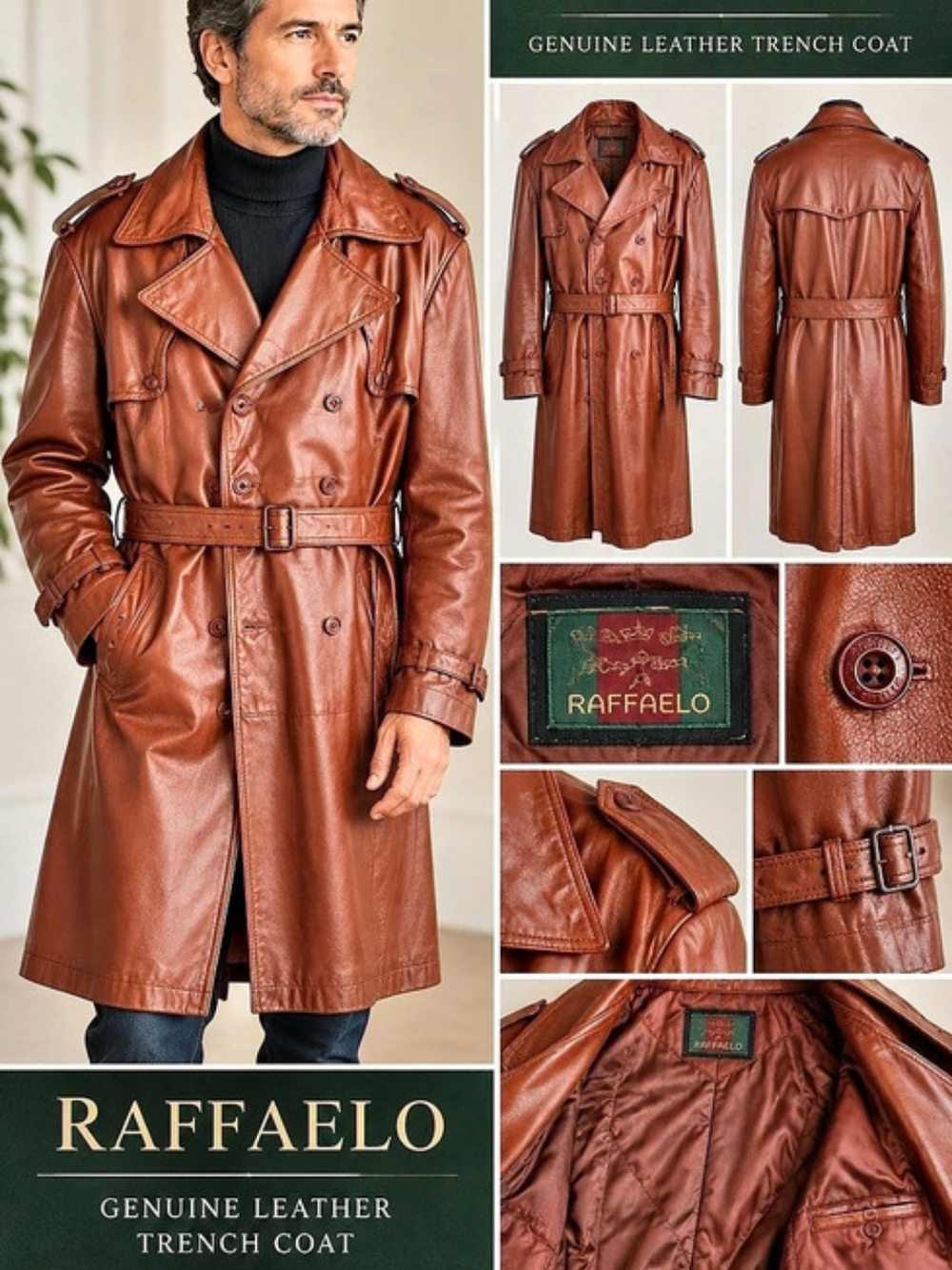 Raffaelo Genuine Leather Trench Coat Leather Trench Coat Size 46
